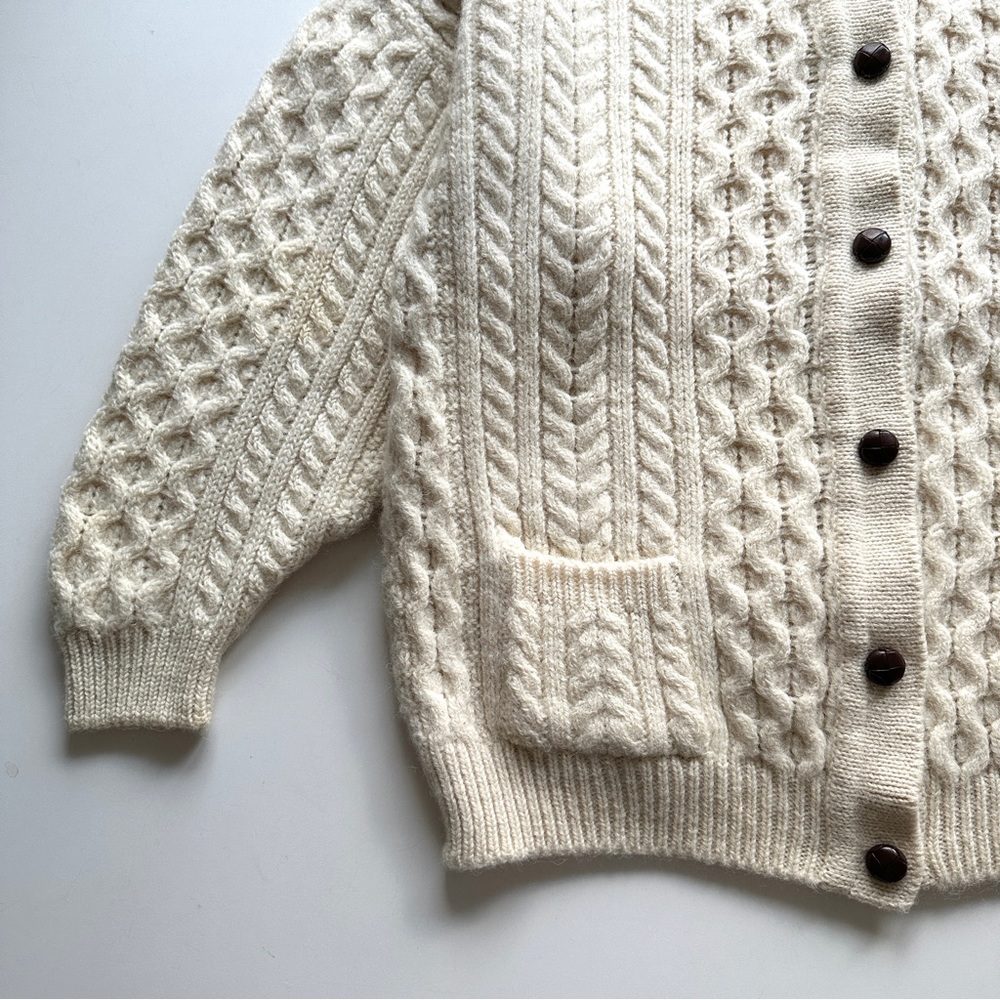 Vintage Aran Irish Fisherman Chunky Cable Knit Button-Up Cardigan - Picture 4 of 14